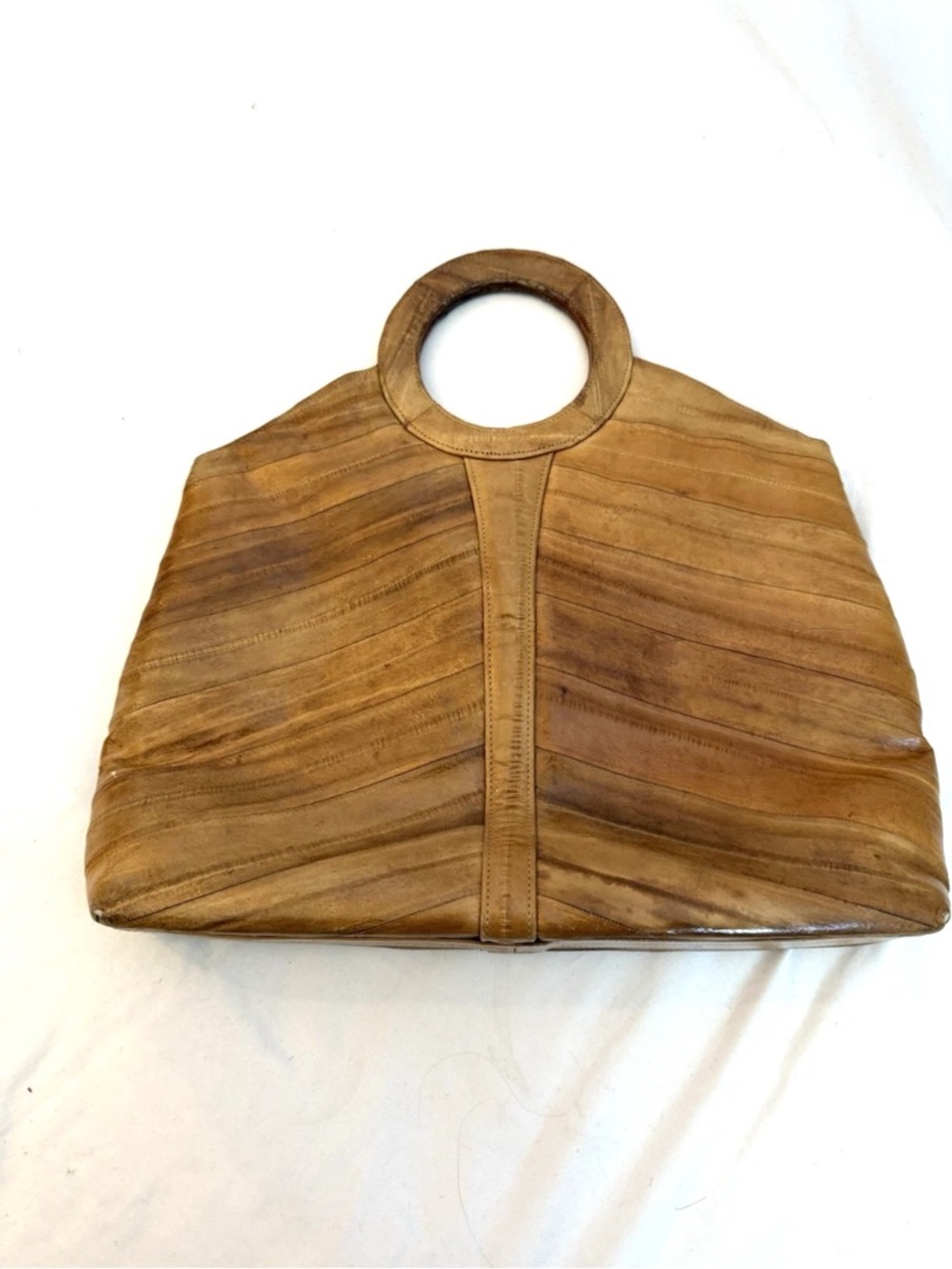 Vintage 1970s Brown Eel Skin Bag W/ Round Handle - Picture 4 of 6